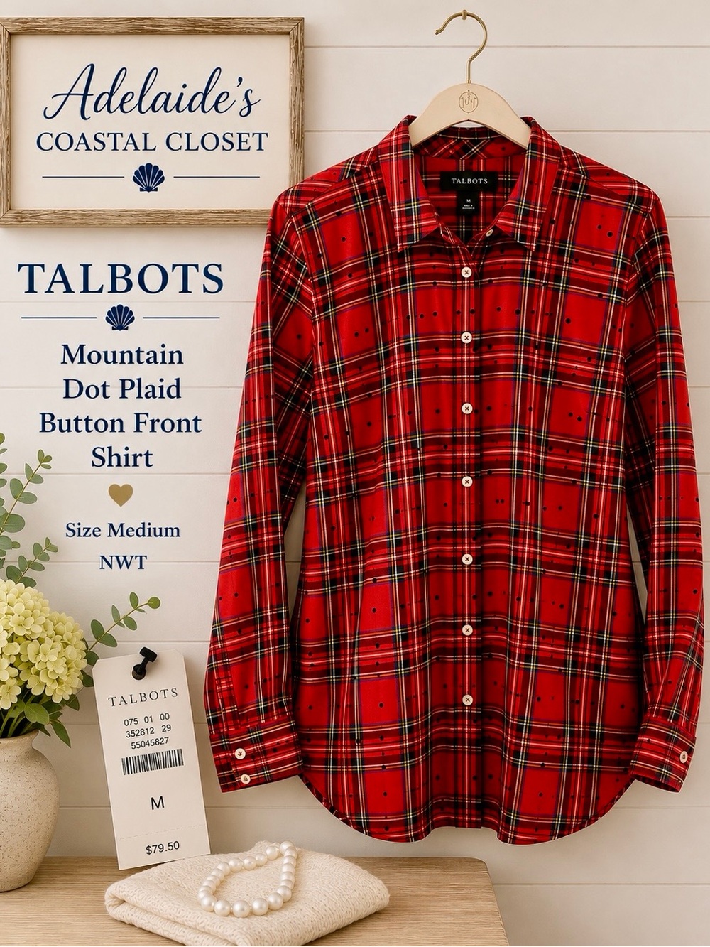 Talbots NWT Red Tartan Plaid Mountain Dot Button Front Shirt Meduim
